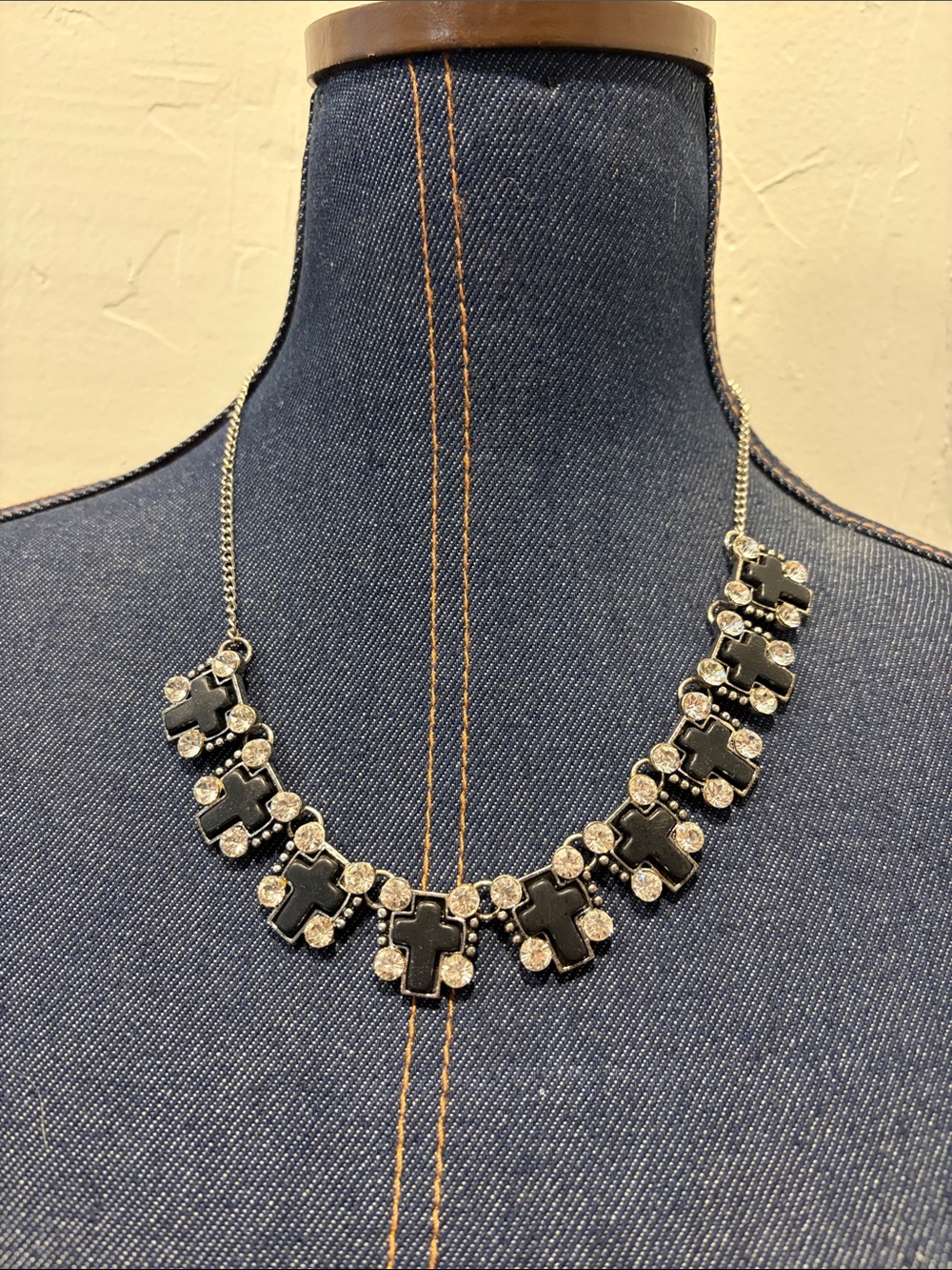 Black Cross Statement Necklace with Clear Crystal Accents